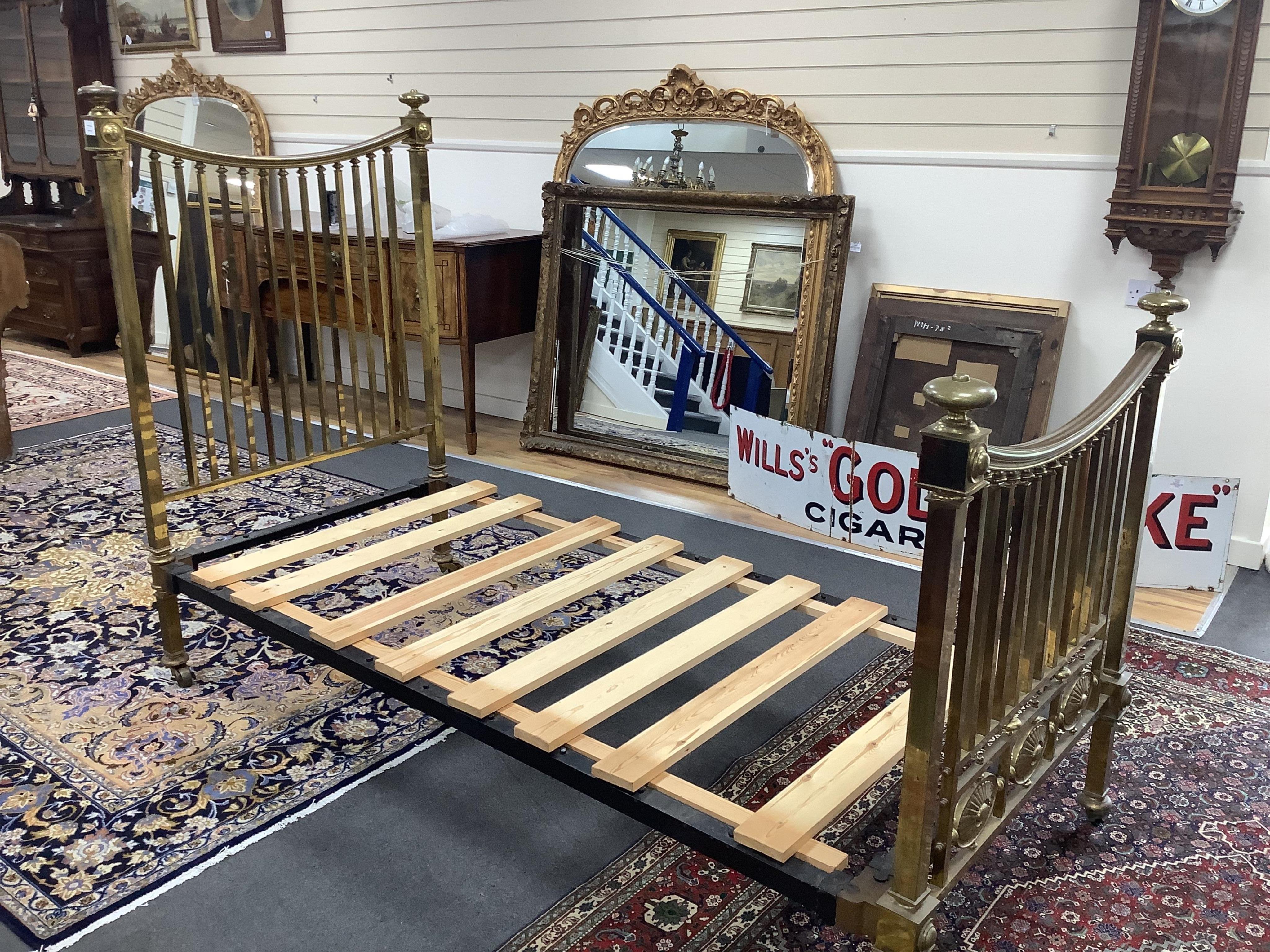 A Victorian brass single bed frame, width 100cm, length 214cm, height 152cm. Condition - fair